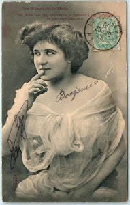 c1910s French Romantic Hand Sign Gesture Cute Woman Photo Postcard Nancy FR A43