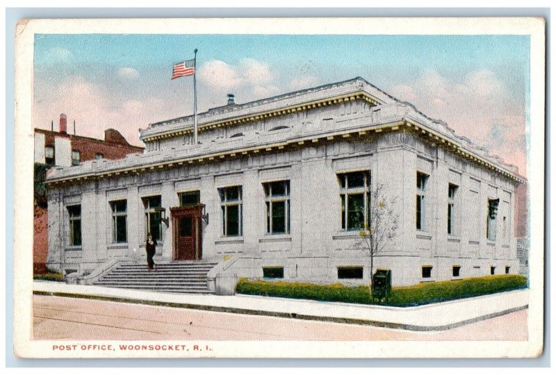 Woonsocket Rhode Island RI Postcard Post Office Building Scene Street 1920