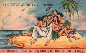 Vintage Postcard 1942 Group Picture With The Girls At The Beach No Matter Where