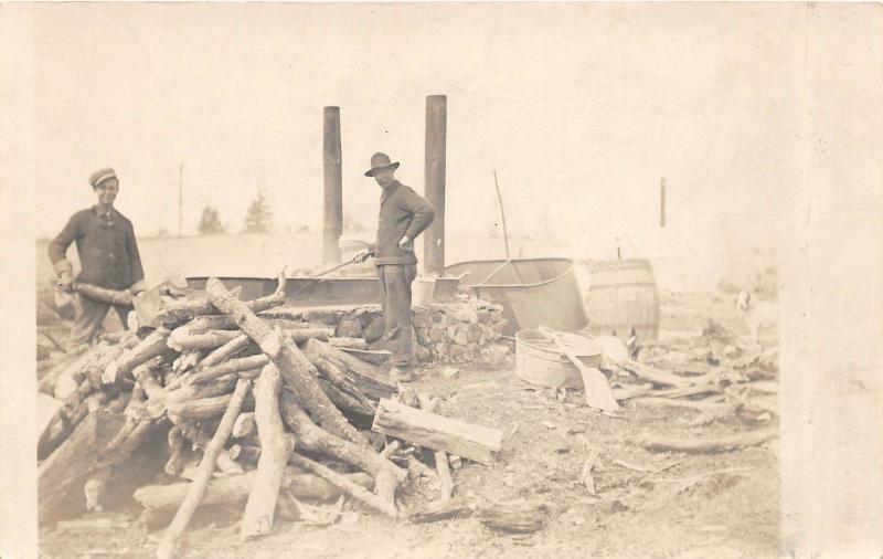 B29/ Occuptional Worker RPPC Postcard c1910Men Wood Pile Factory Shovel 4