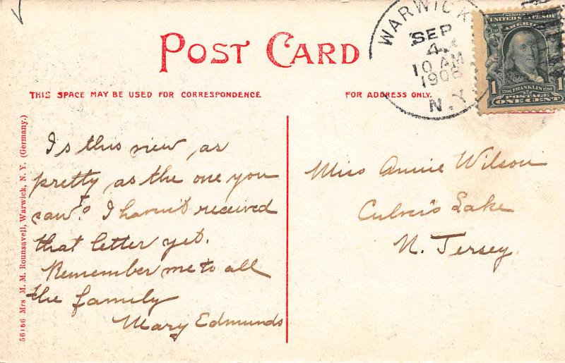 Wawayanda Lake, Warwick, New York, early hand colored postcard, used in 1908