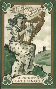 St. Patrick's Day Beautiful Woman Playing Harp c1910 Embossed Postcard