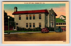 Florida Panama City City Hall Building Old Cars Auto Postcard Linen Unposted