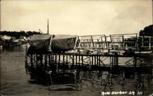 New Harbor Bristol Maine ME Fishing Nets Netting on Pier Real Photo Postcard