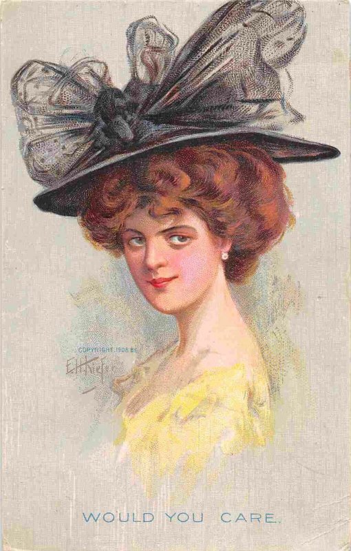 Would You Care Beautiful Woman Hat E H Kiefer Artist Signed Bamforth postcard
