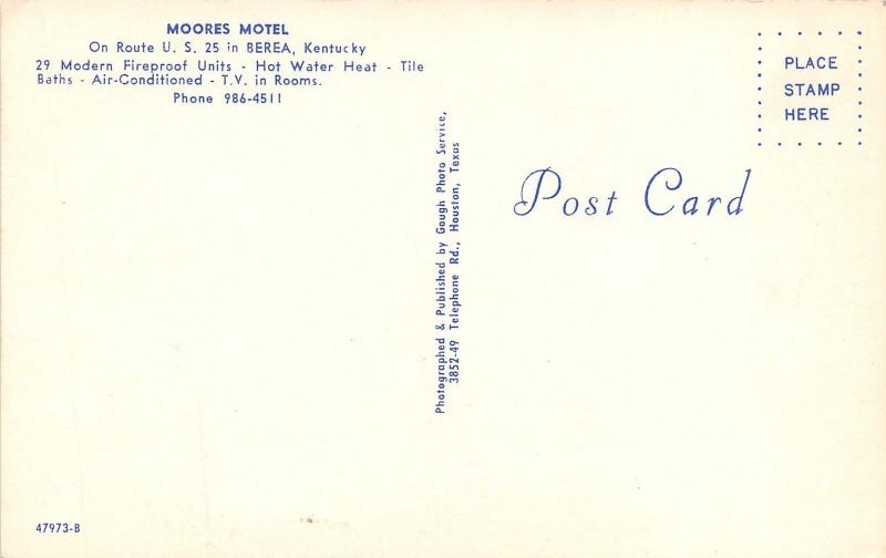 Berea Kentucky~Moores Motel on Route 25~NICE Classic 50-60s Cars Parked~Postcard