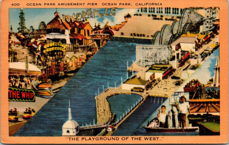 Vtg 1950s Ocean Park Amusement Pier Ocean Park California CA Linen Postcard