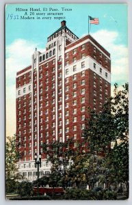 El Paso Texas~Hilton Hotel Tower Exterior View~Sign~USA Flag~Lamp~c1910 Postcard