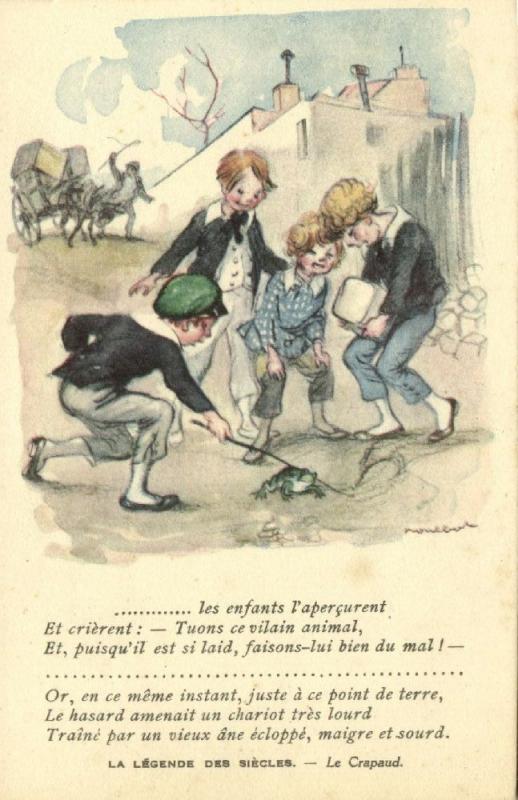 Artist Signed Poulbot, Young School Boys teasing a Frog (1920s)