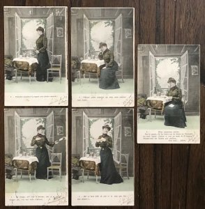 Five 1904 Artwork Postcards of a Woman Receiving Love Letters~118365