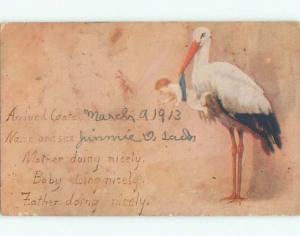 Pre-Linen STORK BIRD CARRYING BABY k8518