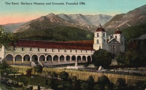 The SANTA BARBARA Mission And Grounds Founded 1786 California Vintage Postcard