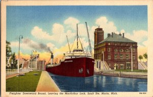 Freighter Downward Bound, MacArthur Lock Sault Ste Marie MI Vintage Postcard L75