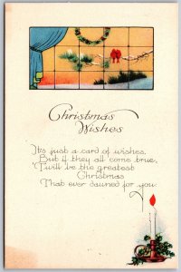 Vtg Christmas Wishes Greeting Poem Window View Birds Candle 1910s Postcard