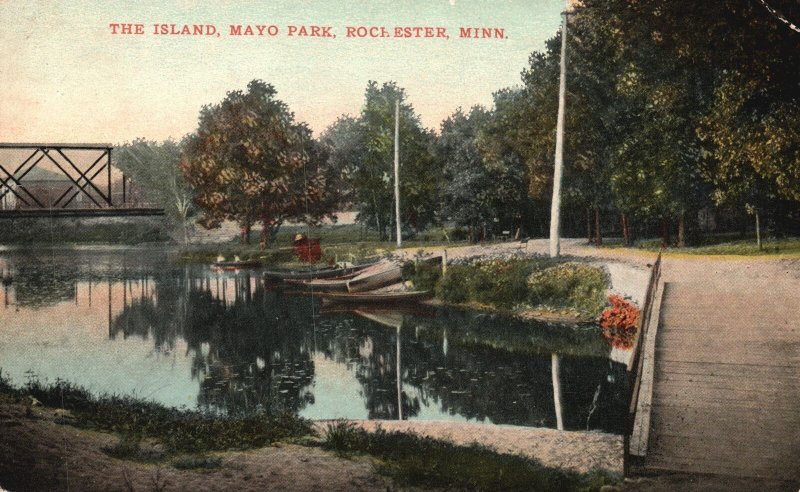 Vintage Postcard The Island Mayo Park Bridge Boat Lake Rochester Minnesota MN