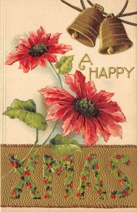 MERRY CHRISTMAS c1910 Embossed Postcard XMAS Bells And Red Flowers