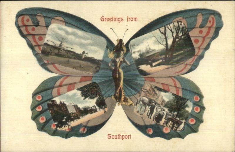 Southport UK Beautiful Butterfly Woman Multi-View c1910 Postcard