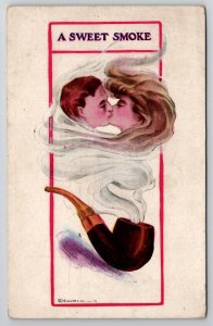 Fantasy Kissing Romance Couple Appear From Smoke Of Pipe Postcard R29