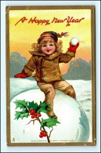 1911 Raphael Tuck The New Year Series Postcard Girl Child Snowball Holly A196