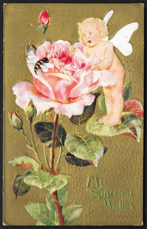 My Sincerest Wishes Cupid Roses & Bee Used c1910s