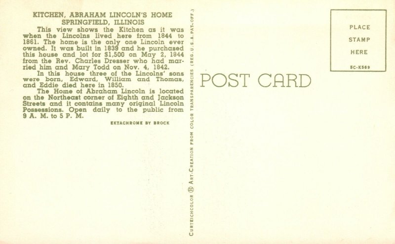View Kitchen Abraham Lincoln's Home Springfield Illinois ILL Vintage Postcard