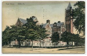 High School Erie Pennsylvania 1913 hand colored postcard