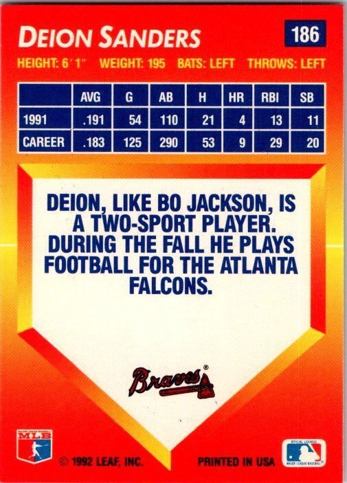 1992 Donruss Baseball Card Deion Sanders Atlanta Braves sk3182