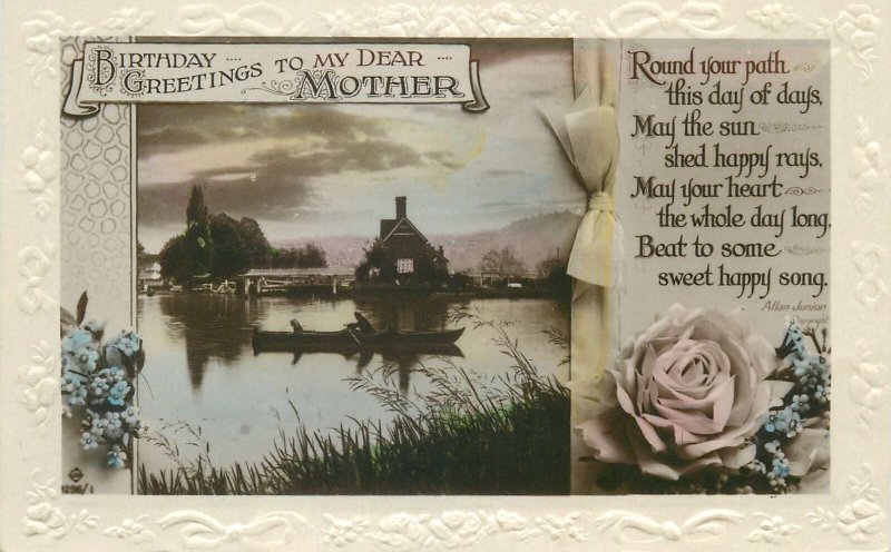Postcard greetings card birthday greetings to my mother boat lake view poem