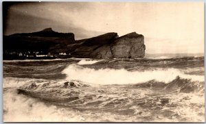 Surf Waves Rock Cliff Buildings Real Photo RPPC Postcard