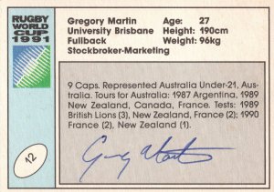 Gregory Martin Australia Hand Signed Rugby 1991 World Cup Card Photo