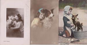 Girls Children With Dogs Kissing Washing Dog 3x Antique Postcard s