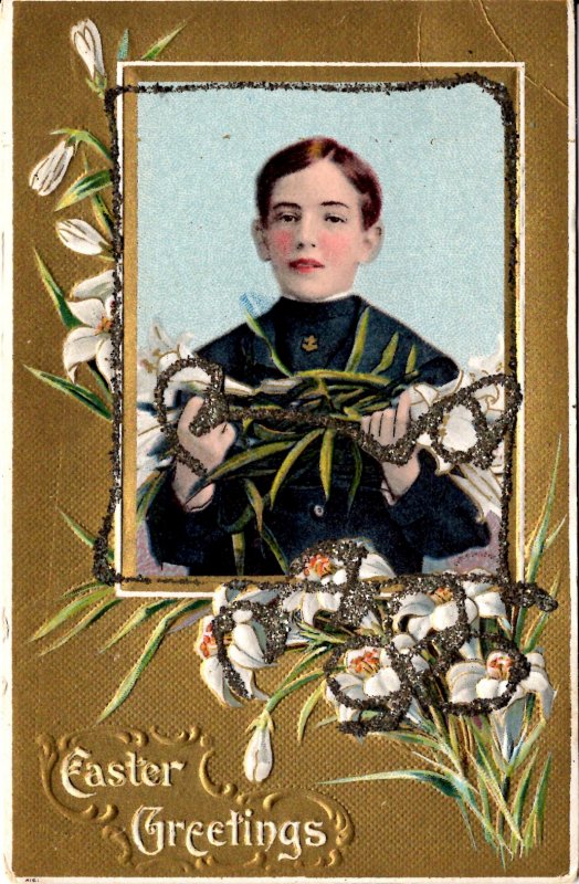 Easter Greetings - Boy in Uniform - Embossed - Glittered - c1908