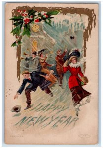 1909 New Year People Trumpet Winter Snow Holly Berries Embossed Antique Postcard 