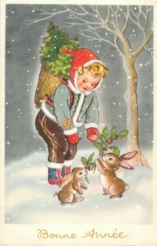 Winter seasonal greetings postcard girl bunny rabbits New Year