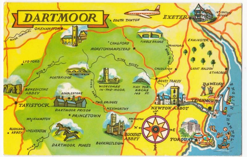 Devon; Dartmoor Map PPC Unposted, c 1960's, Okehampton, Tawton, Lydford, Dawlish 