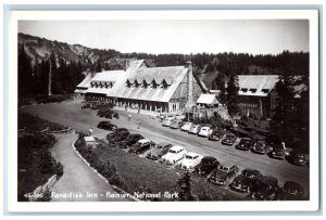 Rainier National Park Washington WA Postcard RPPC Photo Paradise Inn Cars c1950s