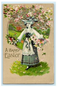 c1919 Victorian Woman Hat Easter Flowers Embossed Gold Antique Postcard 