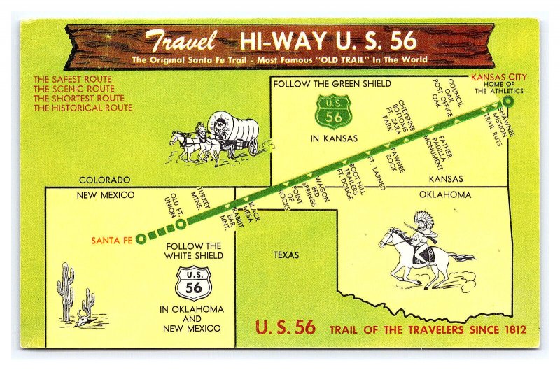 Travel HI-WAY U. S. 56 The Original Santa Fe Trail NM OK KS Postcard 