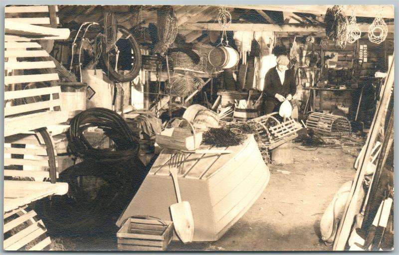MAINE LOBSTER FISHERMAN'S WORKSHOP ANTIQUE REAL PHOTO POSTCARD RPPC