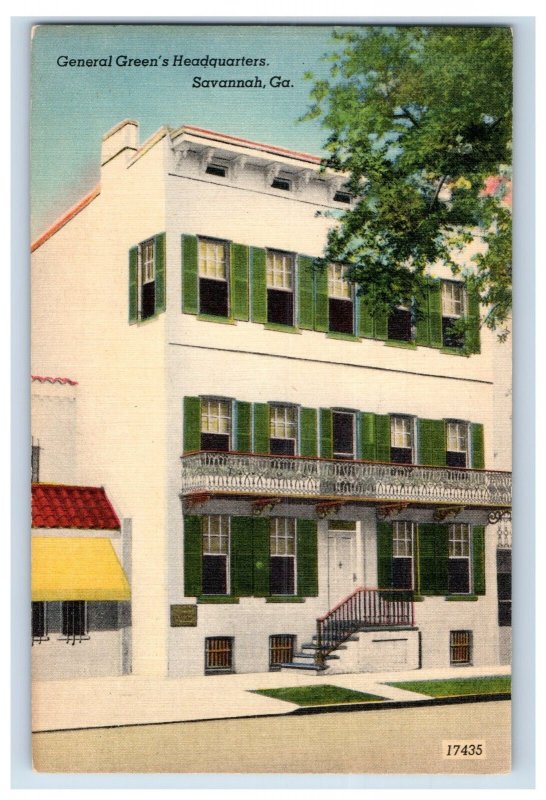 Vintage General Green's Headquarters Savannah, GA Original Vintage Postcard P26E
