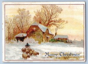 1880-90's ERA VICTORIAN MERRY CHRISTMAS SHEEP SNOW SCENE BARN  ANTIQUE XMAS CARD
