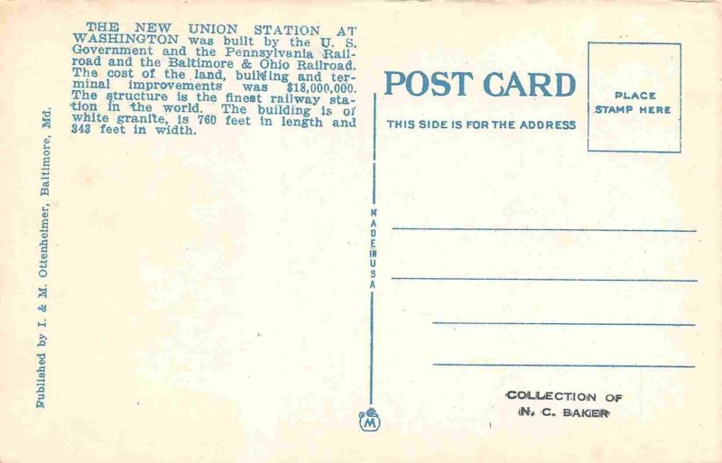 Union Station Railroad Depot Washington DC 1920s postcard