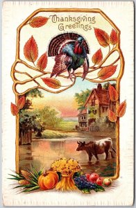 1925 Thanksgiving Greetings Turkey & Countryside Landscape Posted Postcard