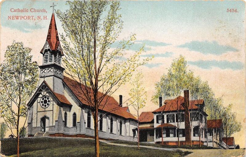 Newport New Hampshire~Catholic Church~Opened Door~Cross on Steeple~House~1907