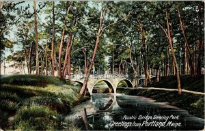 Rustic Bridge Deering Park Greetings Portland Maine Me UDB Antique Postcard Vtg 