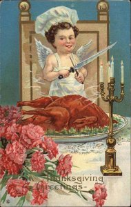 Thanksgiving Angel Turkey Gilt Embossed c1910s Postcard
