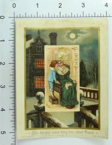 1870's-80's Victorian Christmas Card Poem Night Scene Moon Snow Old Lady Boy &A