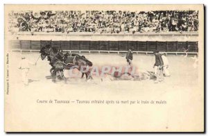 Postcard Old Bulls Bullfight Bull Racing leads after her death by train mules