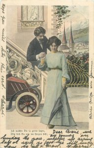 Romantic couple lovers automobile vintage surrealism postcard Germany