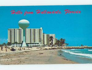 Unused Pre-1980 HELLO FROM WATER TOWER AND HOTEL Hallandale Florida FL M6774